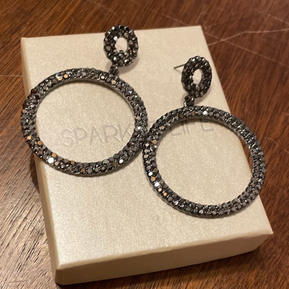 BLACK and silver gem large hoop earrings costume jewelry